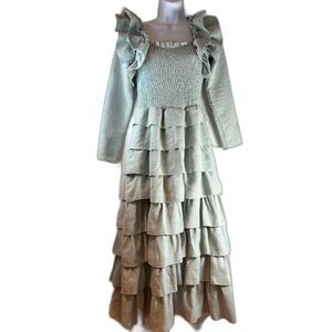 NWT Jessakae Seafoam Green Long Ruffle Maxi Dress w Smocked Bodice Size XXS